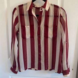 Forever 21 Long Sleeve Sheer Burgundy and Cream Striped Blouse